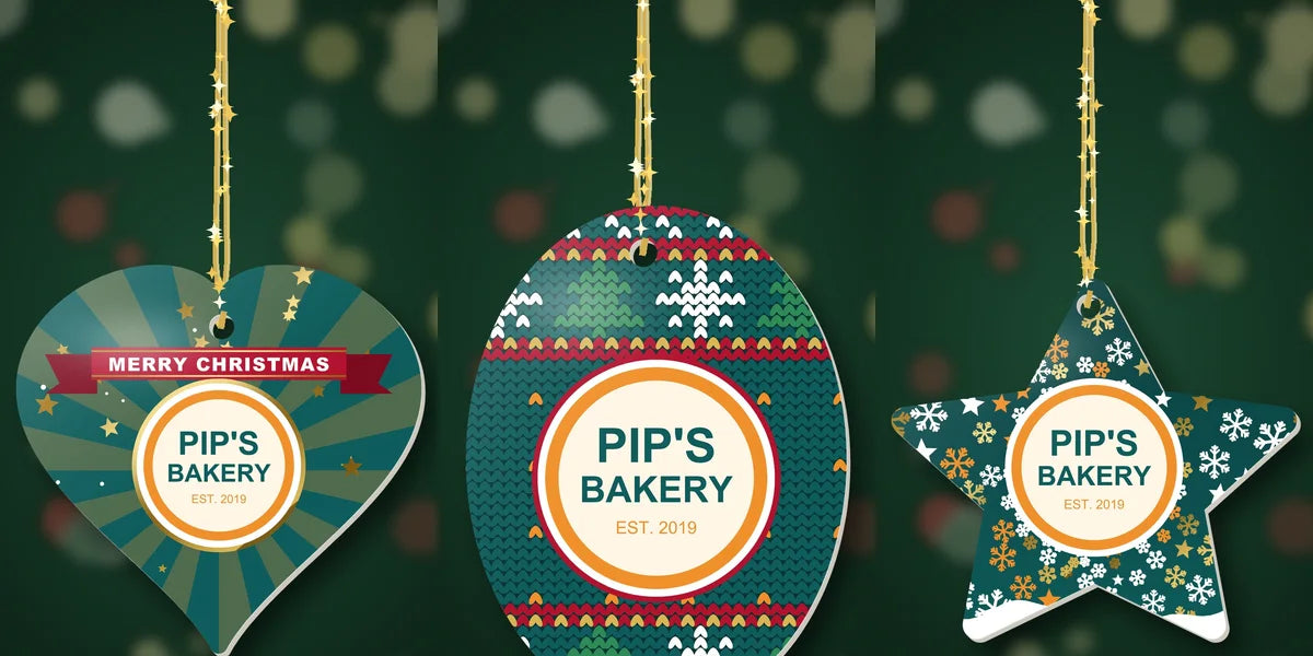Christmas tree ornaments printed with a bakery logo