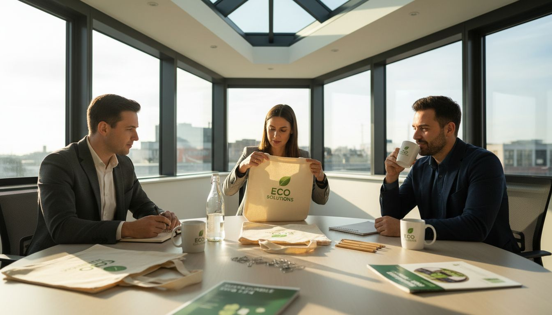 Team reviews eco-friendly promotional products