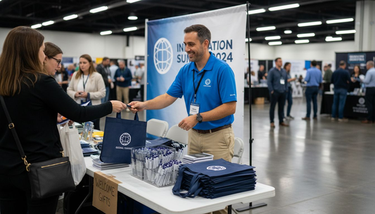 Event organizer handing out branded promotional gifts
