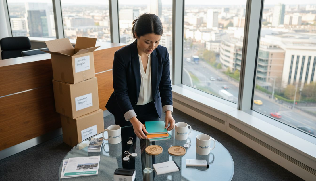 Corporate receptionist arranging branded business gifts