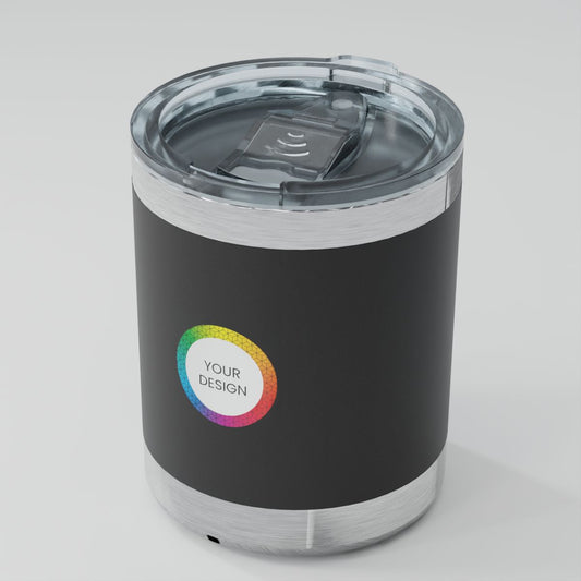 Black tumbler with a clear lid on a white background