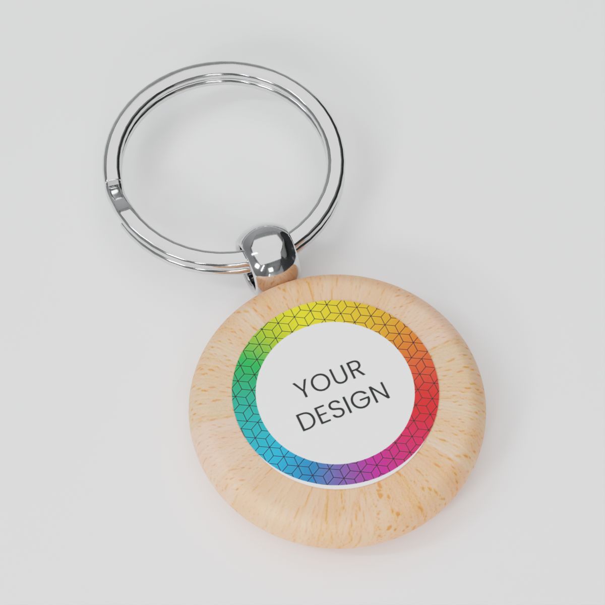 Keychain with rainbow design and customizable text on a white background