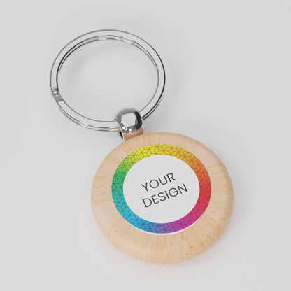 Keychain with rainbow design and customizable text on a white background