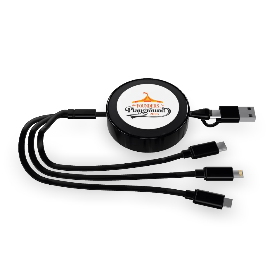 6 in 1 fast charging cable with The Founders Playground logo on the reel