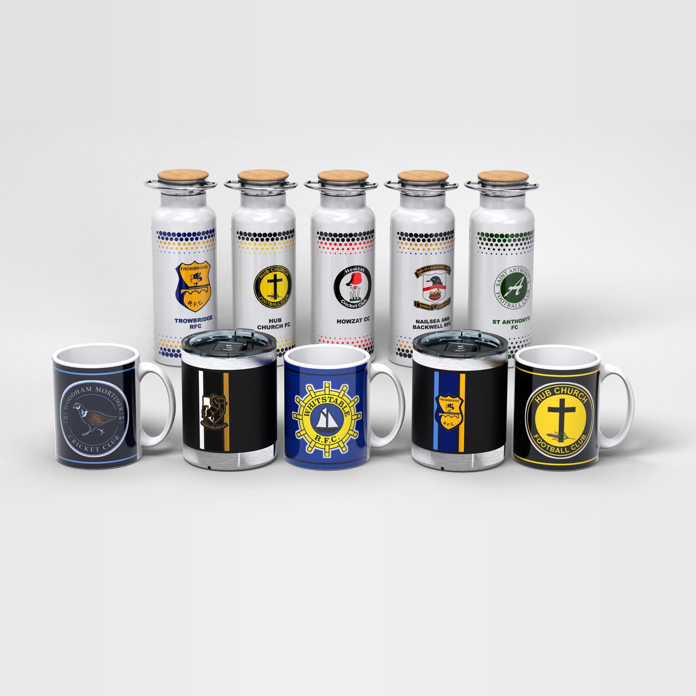 Bottles and mugs, each printed with a different club crest