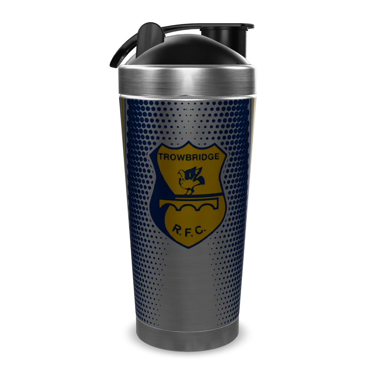 Stainless steel protein shaker printed with the Trowbridge RFC crest